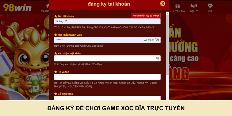 Đăng ký để chơi game xóc đĩa trực tuyến